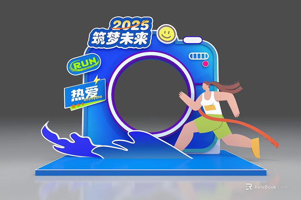 2025 Dream Building Future RUN Themed Blue Camera Shaped Photo Check-in Spot With Running Figure 3d model 