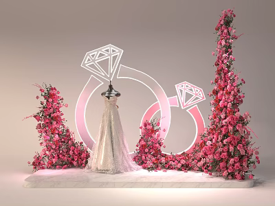 Jewelry Store Display Area With White Gown Mannequin Pink Floral Arrangements And Diamond Ring Decorations 3d model