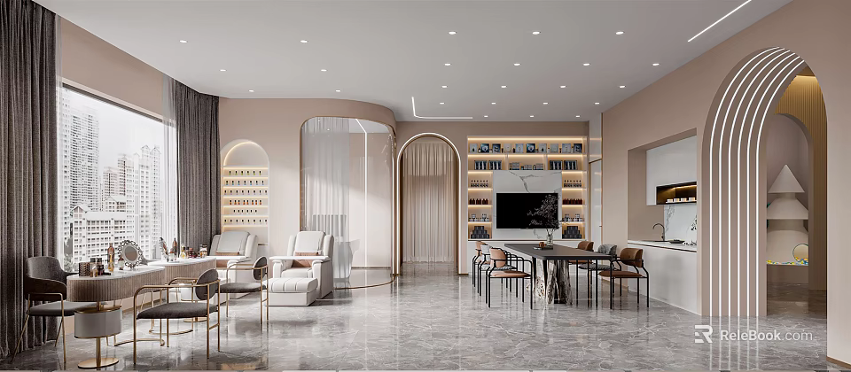 Elegant Modern Beauty Salon Interior With Styling Chairs And Product Displays 3d model 