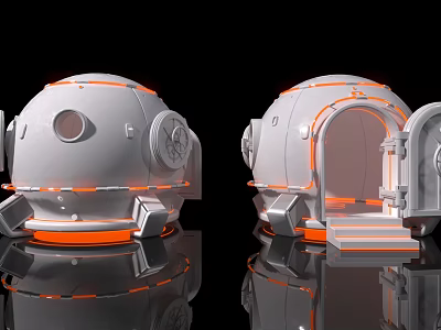 Futuristic White Spherical Pods with Orange Accents Window Door and Steps on Reflective Surface 3d model