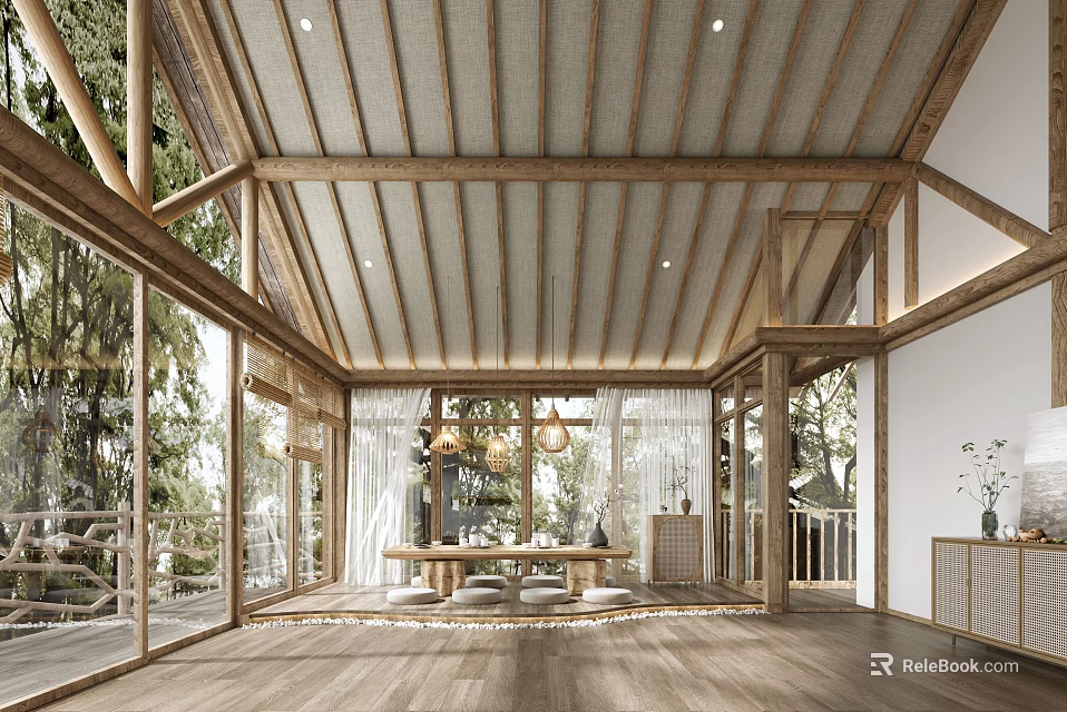 Modern Wooden Beam Interior with Large Windows Natural Light Open Design and Table Cushions 3d model 