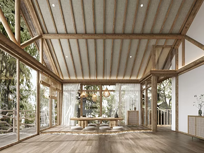 Modern Wooden Beam Interior with Large Windows Natural Light Open Design and Table Cushions 3d model