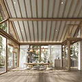 Modern Wooden Beam Interior with Large Windows Natural Light Open Design and Table Cushions