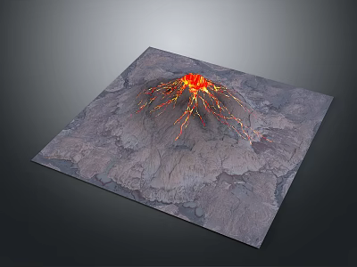 Detailed Volcanic 3D Model Displaying Erupting Peak With Flowing Lava And Rocky Terrain 3d model