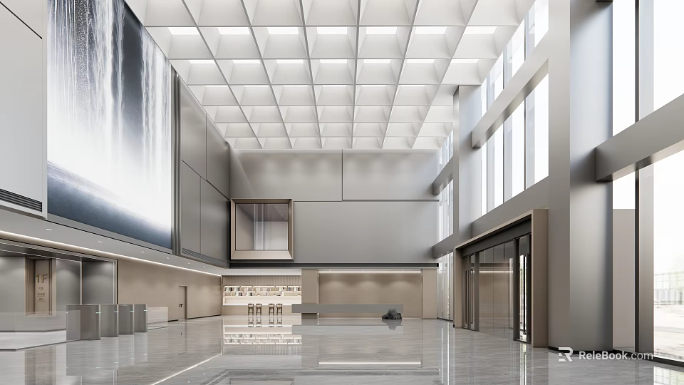 Spacious Modern Hotel Lobby Interior With High Ceiling Large Windows And Marble Flooring 3d model