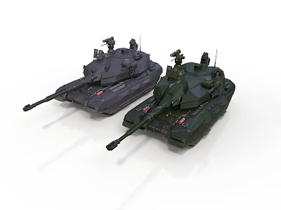 Two Military Tank Models in Gray and Green with Turret and Cannon 3d model