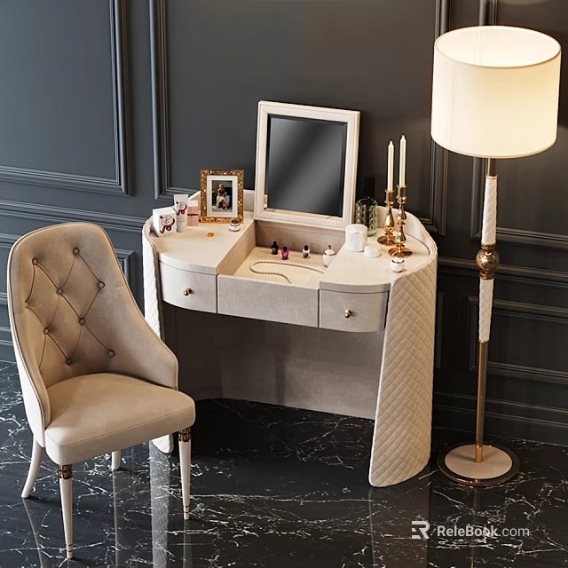 Elegant Beige Dressing Table With Tufted Chair Mirror Cosmetics Photo Frame Candles And Floor Lamp 3d model 