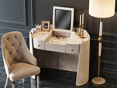 Elegant Beige Dressing Table With Tufted Chair Mirror Cosmetics Photo Frame Candles And Floor Lamp 3d model