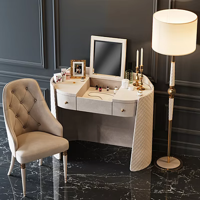 Elegant Beige Dressing Table With Tufted Chair Mirror Cosmetics Photo Frame Candles And Floor Lamp 3d model