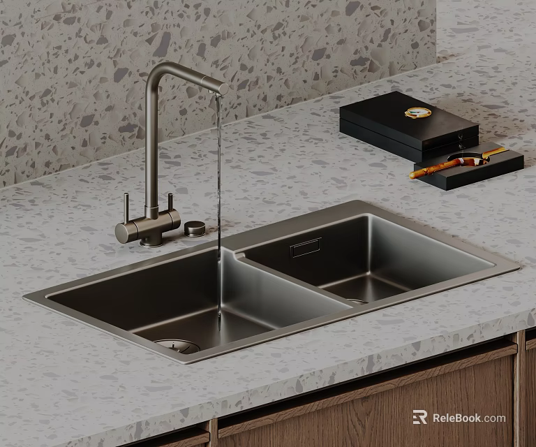 Modern Stainless Steel Double Bowl Kitchen Sink With Faucet Water Flowing On Gray Countertop 3d model 
