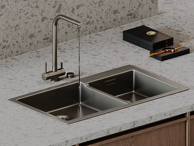 Modern Stainless Steel Double Bowl Kitchen Sink With Faucet Water Flowing On Gray Countertop 3d model