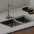 Modern Stainless Steel Double Bowl Kitchen Sink With Faucet Water Flowing On Gray Countertop
