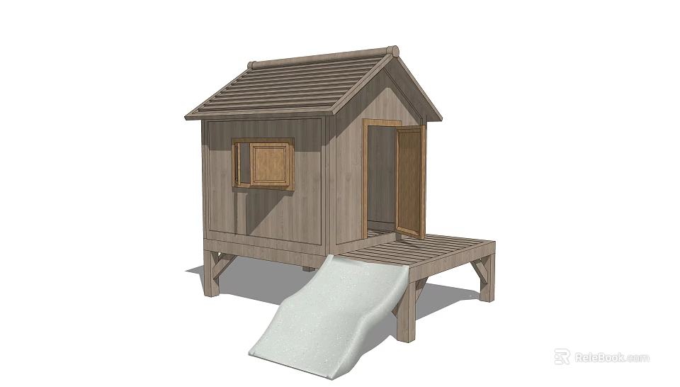Wooden Garden Playhouse with Window Door Platform and Slide for Kids 3d model 