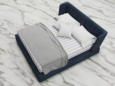 Double Bed With Dark Blue Frame Striped Sheet Gray Blanket White Pillows On Marble Floor 3d model