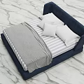 Double Bed With Dark Blue Frame Striped Sheet Gray Blanket White Pillows On Marble Floor