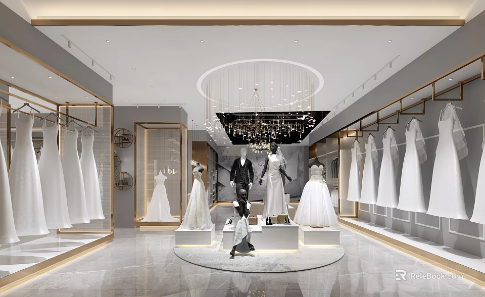 Elegant Bridal Shop Interior With Bridal Gowns Mannequins Chandelier And Display Racks 3d model 