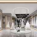 Elegant Bridal Shop Interior With Bridal Gowns Mannequins Chandelier And Display Racks