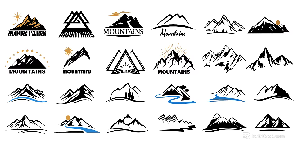 Mountain Logo Design Collection With Various Styles Sun River And Peak Elements 3d model