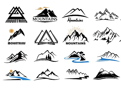 Mountain Logo Design Collection With Various Styles Sun River And Peak Elements 3d model