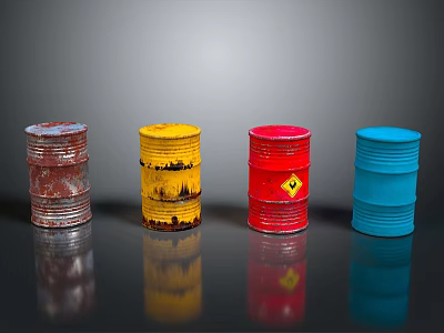 Rusty Red Yellow Red And Blue Oil Drums With Hazard Symbol On Black Reflective Surface 3d model