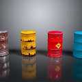 Rusty Red Yellow Red And Blue Oil Drums With Hazard Symbol On Black Reflective Surface