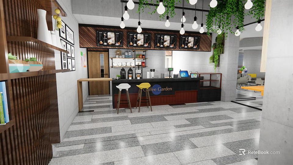 Cafe Interior Design With Hanging Chandeliers Green Plants Wooden Bar And Gray Floor Tiles 3d model 