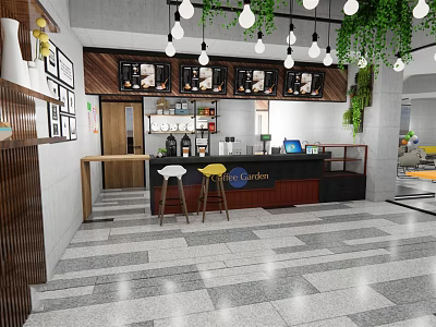Cafe Interior Design With Hanging Chandeliers Green Plants Wooden Bar And Gray Floor Tiles 3d model