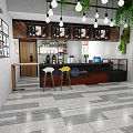 Cafe Interior Design With Hanging Chandeliers Green Plants Wooden Bar And Gray Floor Tiles