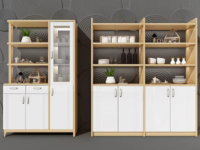 Modern Wooden Wine Cabinet With Glass Door Open Shelves And Decorative Items 3d model
