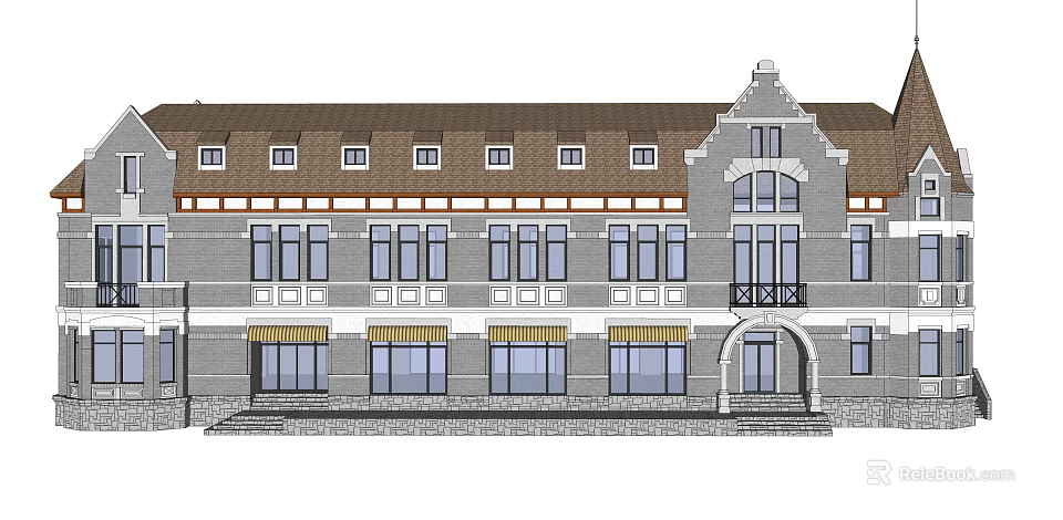 Classic European style Architecture With Gabled Roof Arched Windows And Decorative Facade 3d model 