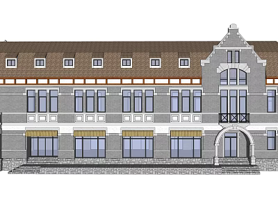 Classic European style Architecture With Gabled Roof Arched Windows And Decorative Facade 3d model