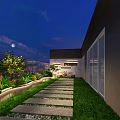 Rooftop Terrace Night View With Comfortable Sofa Green Plants Cityscape Glass Railing And Wooden Flooring