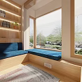Wooden Study Room Interior With Blue Bay Window Seat Bookshelves Outdoor View And Plants Rug