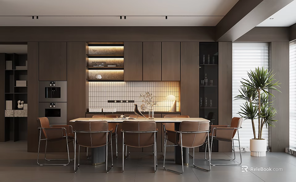 Modern Restaurant Interior With Dark Wooden Cabinets Round Dining Table And Brown Leather Chairs 3d model 