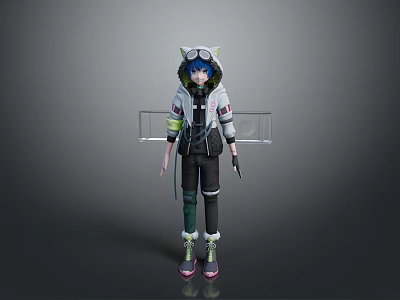 Stylish Game Anime Character With Blue Hair Cat Ear Hat Gray Coat And Pink Shoes 3d model