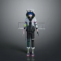 Stylish Game Anime Character With Blue Hair Cat Ear Hat Gray Coat And Pink Shoes