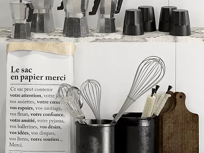 Kitchen Countertop With Moka Pots Whisks Brushes In Black Jars And Wooden Cutting Board 3d model