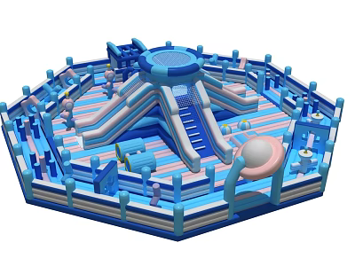 Inflatable Play Equipment With Slide Structures Blue And White Striped Design And Safety Barriers 3d model