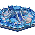 Inflatable Play Equipment With Slide Structures Blue And White Striped Design And Safety Barriers