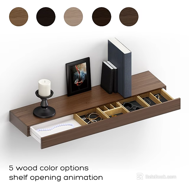 Wooden Wall Mounted Storage Shelf with Jewelry Drawer and Decorative Candle Photo Frame Books 3d model 