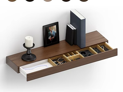 Wooden Wall Mounted Storage Shelf with Jewelry Drawer and Decorative Candle Photo Frame Books 3d model
