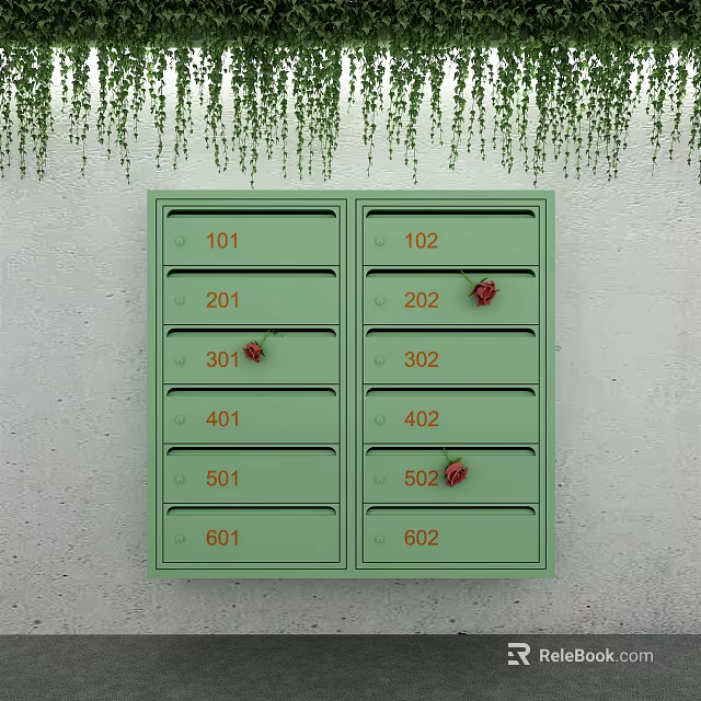 Public Facility Green Mailboxes With Numbered Compartments Red Roses And Hanging Green Plants 3d model 