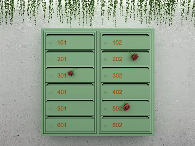 Public Facility Green Mailboxes With Numbered Compartments Red Roses And Hanging Green Plants 3d model