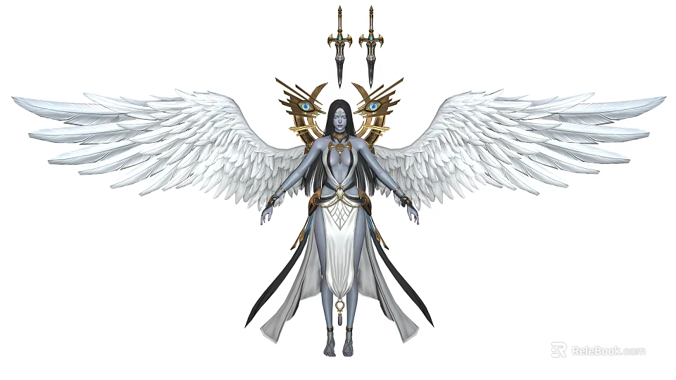 Divine Angelic Mythical Creature With White Feathered Wings Golden Ornaments And Dual Swords 3d model 