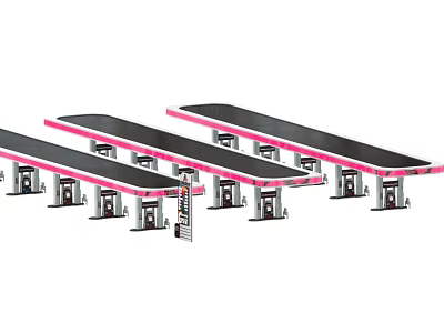 Gas Station Featuring Multiple Fuel Dispensers And Pink Edged Black Canopies 3d model