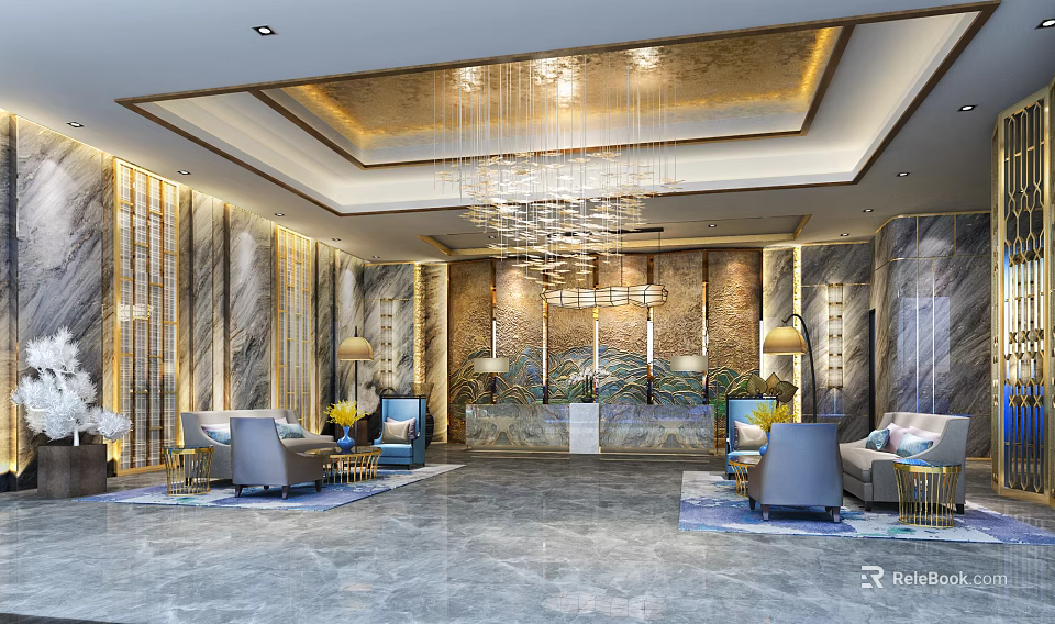 Elegant Hotel Lobby Interior With Marble Walls Chandelier Reception Desk And Sofa Seating 3d model 