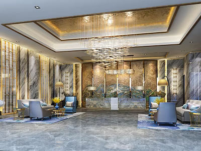 Elegant Hotel Lobby Interior With Marble Walls Chandelier Reception Desk And Sofa Seating 3d model
