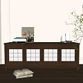 Modern Wooden TV Stand with Glass Panel Doors and Decorative Painting Near Books and Potted Plant