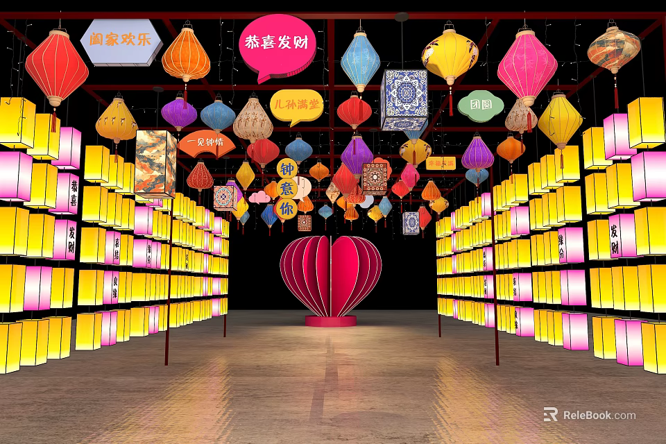 Traditional Colorful Lanterns Exhibition With Hanging Decorations And Wall Displays 3d model 