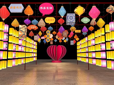 Traditional Colorful Lanterns Exhibition With Hanging Decorations And Wall Displays 3d model